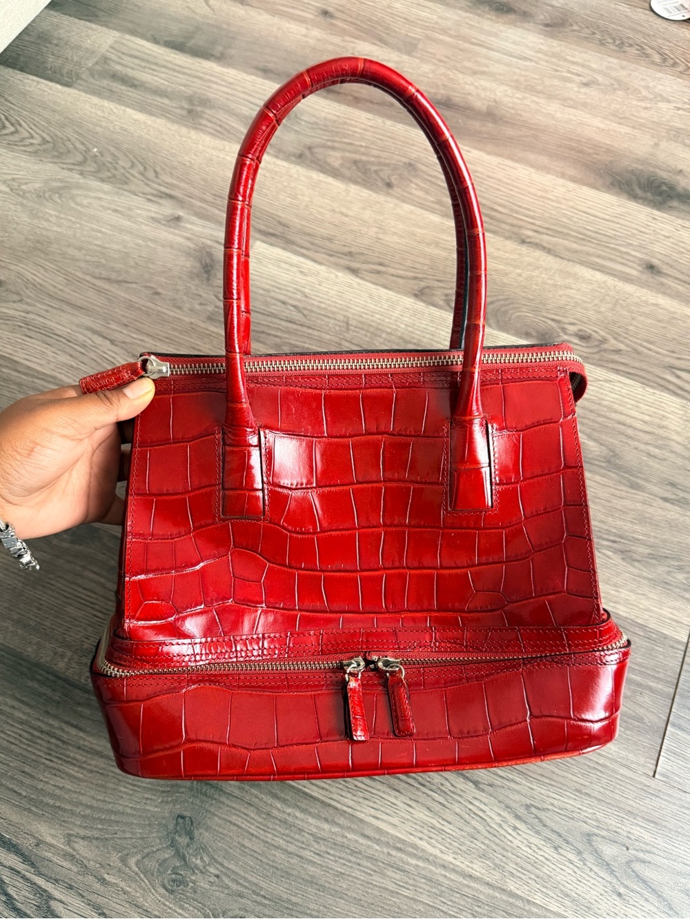Red Croc-Embossed Structured Satchel Handbag